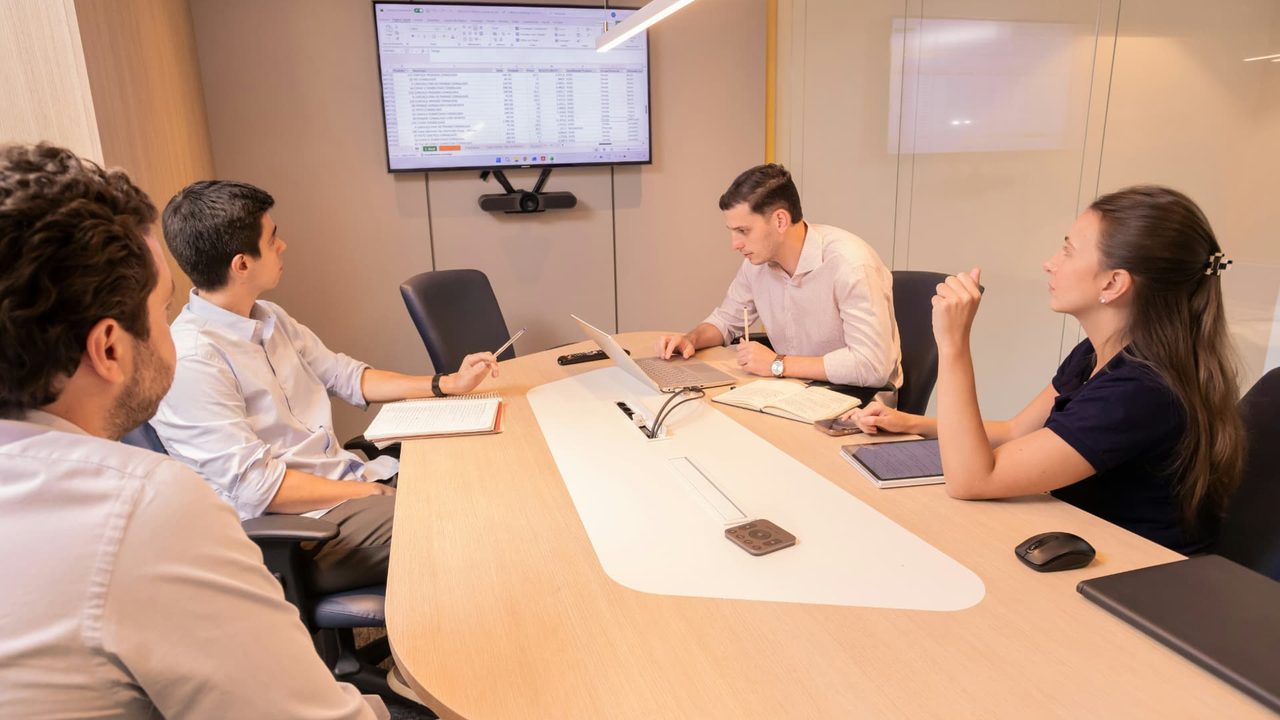 Business owners reviewing financial data together in a boardroom